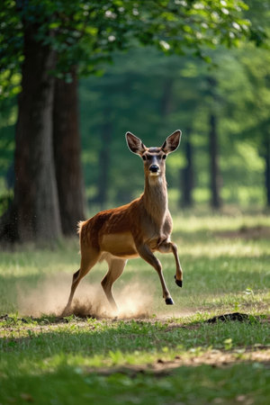 White-tailed deer running in the forest on a sunny day.の素材