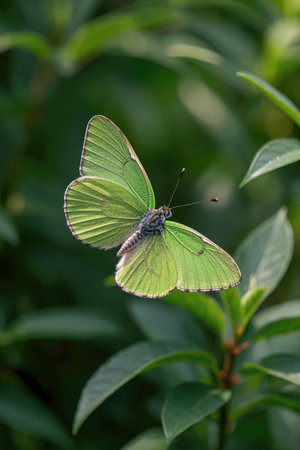 Butterfly on a green leaf in the garden, stock photoの素材