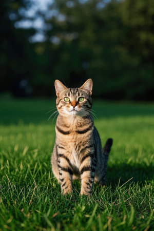 Cute bengal cat with green eyes sitting on green grassの素材