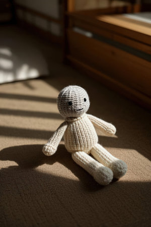 handmade crochet doll sitting on the floor in the room with sunlightの素材