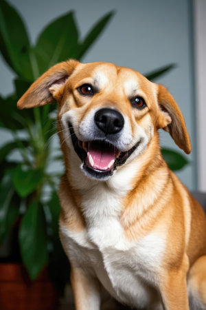 Portrait of a cute dog in front of a green background.の素材