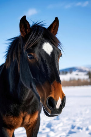 Portrait of a black horse on a background of snow and blue skyの素材