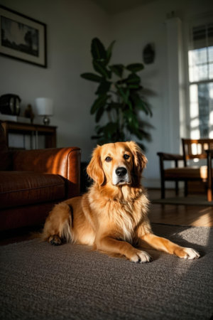Golden Retriever dog lying on a sofa in the living roomの素材