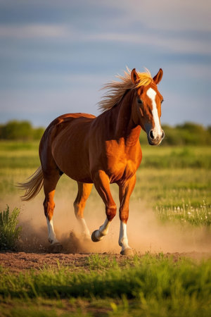 Beautiful red horse galloping in the field at sunset time.の素材