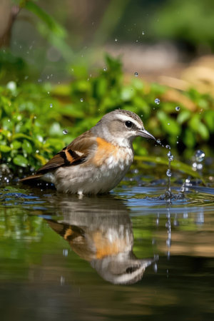 Female Redstart (Ficedula hypoleuca) drinking waterの素材
