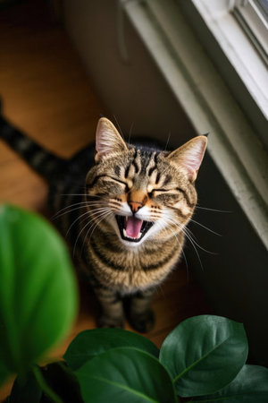 Cute tabby cat yawning on the windowsill with green leavesの素材