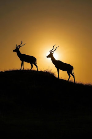 Silhouette of two antelopes on the hill at sunsetの素材
