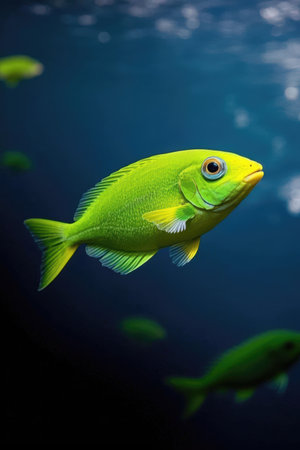 Close up of a green tropical fish swimming in a dark blue waterの素材