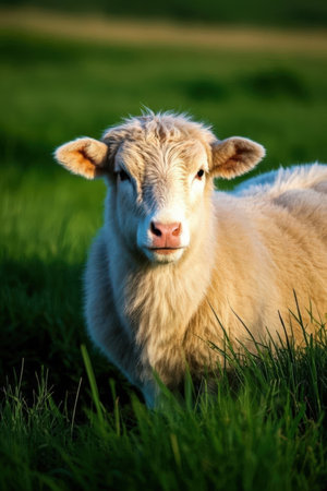 Sheep in a green meadow, close-up, shallow depth of fieldの素材