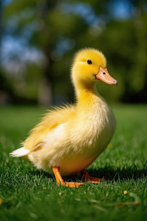 Yellow duckling on green grass in the park on a sunny dayの素材