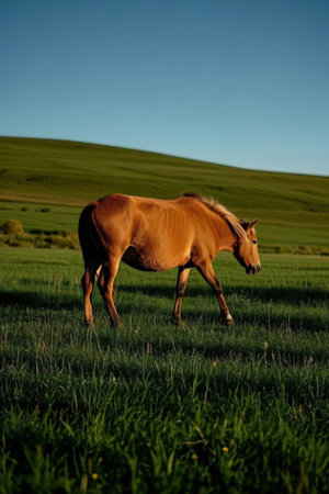 Horse grazing in a meadow in the rays of the setting sunの素材
