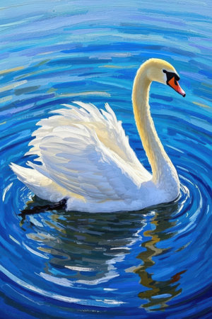 White swan on blue water background. Digital painting of a swan.の素材