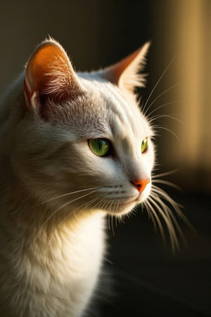 Portrait of a white cat with green eyes on a dark backgroundの素材