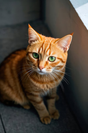 Cute ginger cat with green eyes sitting on the floor. Selective focus.の素材