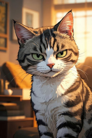 Portrait of a tabby cat with green eyes at home.の素材