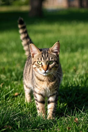 Portrait of a tabby cat with green eyes standing on the grassの素材