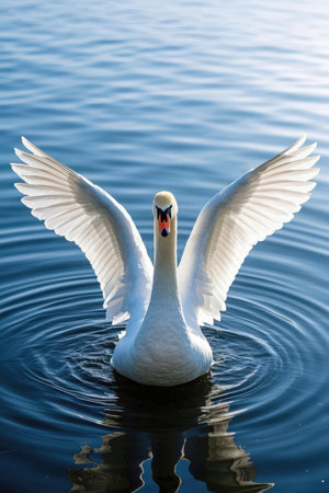 Beautiful white swan floating on the blue water of the lakeの素材