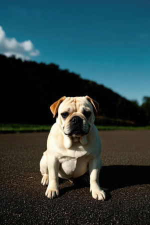puppy bulldog sitting on the road with blue sky backgroundの素材