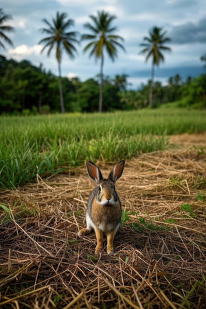 Rabbit in rice field with coconut tree in background, Thailand.の素材