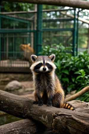 Raccoon sitting on a log in a zoo. Wildlife animal.の素材