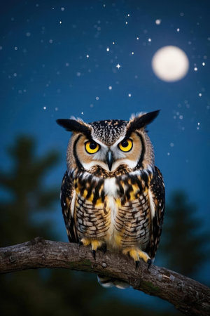 Eurasian Eagle Owl (Bubo bubo) sitting on a branch with moon in the backgroundの素材