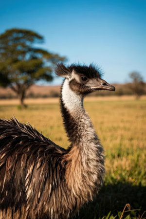 Portrait of an emu in the middle of the field.の素材