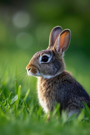 Rabbit in the grass with bokeh background, close upの素材