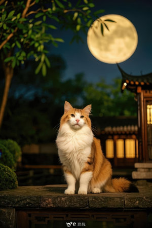 Red cat sitting in front of a Japanese temple at night with full moonの素材
