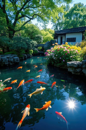 Koi fish swimming in a pond in a Japanese garden, Tokyo, Japanの素材