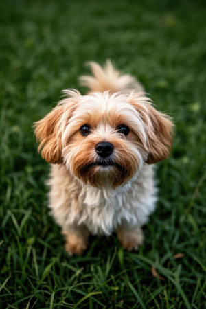 Portrait of a cute Yorkshire Terrier sitting on the grass.の素材