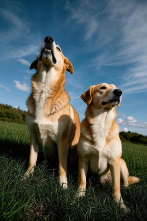 Two dogs sitting on green grass with blue sky in the background.の素材