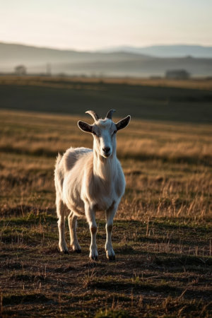 White goat standing on a grassy field in the evening light.の素材