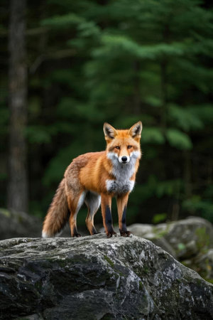 red fox standing on a rock in the forest looking at the cameraの素材