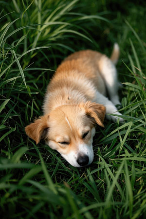 Cute golden retriever puppy lying on green grass in summer parkの素材