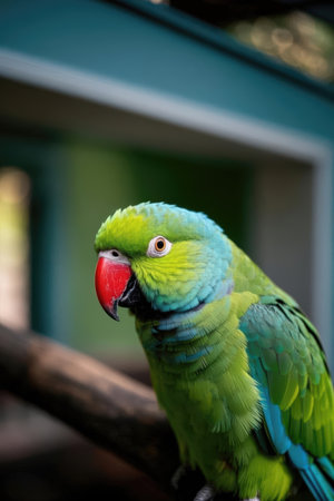 Beautiful green parrot sitting on a branch in a zoo.の素材