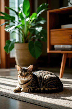Cute bengal cat sitting on the floor at home.の素材