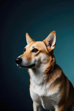 Portrait of a cute Shiba inu dog on a dark backgroundの素材