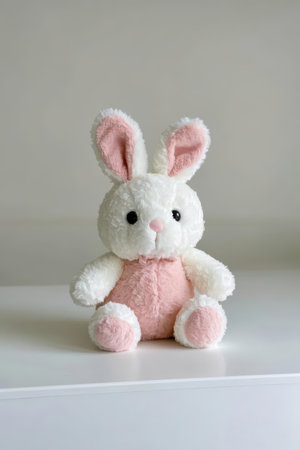 Cute toy rabbit on the white table, soft focus background.の素材