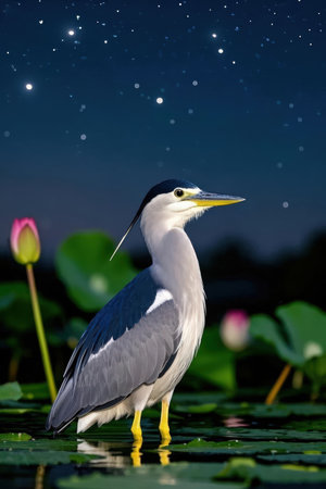Gray heron in the pond with lotus and starry skyの素材