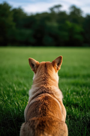 Portrait of a shiba inu dog on the green grassの素材