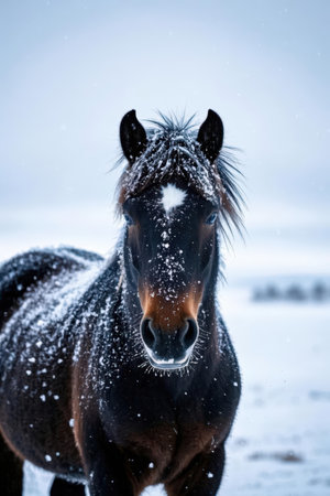 Beautiful black horse portrait in winter landscape. Snowy day.の素材