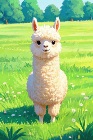 Illustration of cute alpaca on the green meadow.の素材