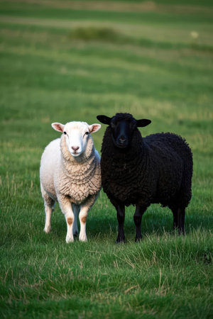 Sheep on a green meadow in the springtime, UKの素材