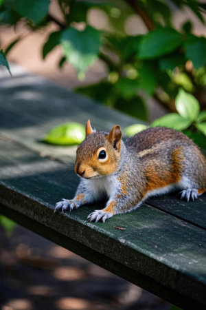 Squirrel sitting on a bench in the park. Shallow depth of field.の素材
