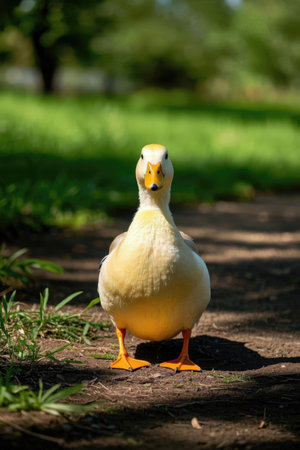 duck on the grass in a park, closeup of photoの素材