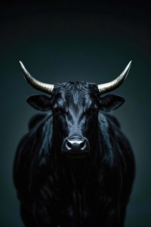 Portrait of a black cow with horns on a dark background.の素材