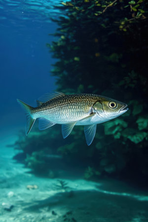 Photo of a rainbow trout swimming in a dark blue water aquarium.の素材