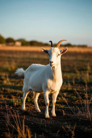 Goat standing on the field at sunset. Portrait of a goatの素材
