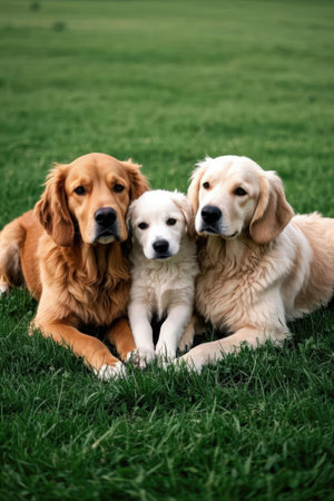 Three Golden Retriever puppies lying on the grass in the parkの素材