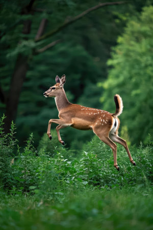 Whitetail Deer (Axis axis) running in a forestの素材